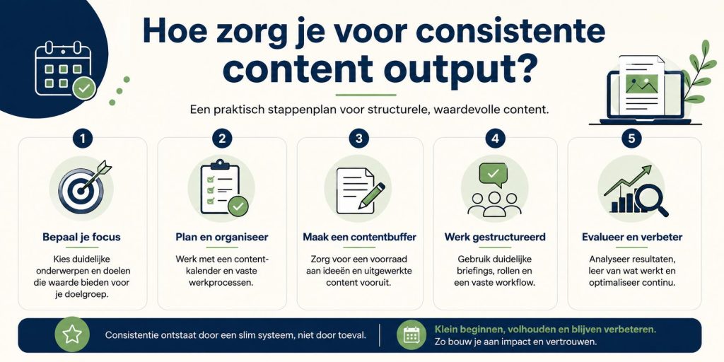 Visuele gids voor het opbouwen van consistente content output met planning, workflow en contentpijlers